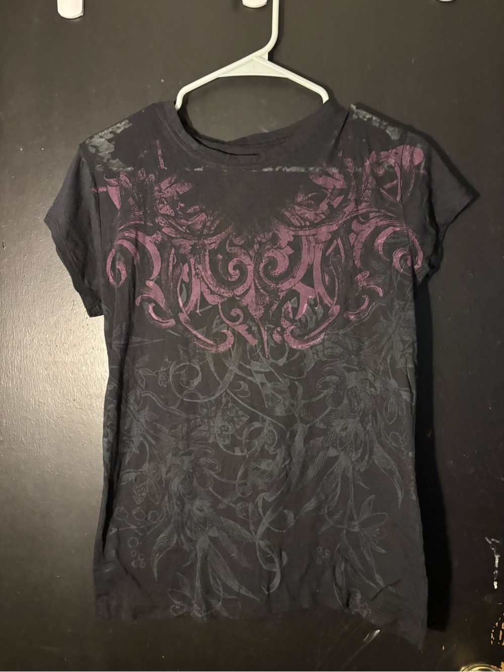 Affliction Black Short Sleeve Tee with Pink Scroll Graphic